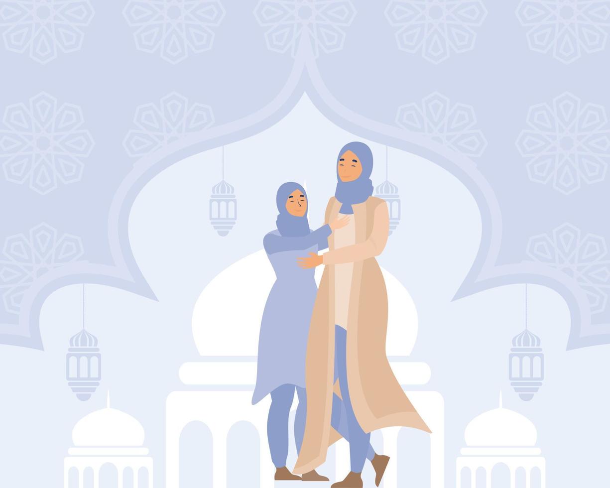 zwei Frau umarmen auf eid al fitr, Aktivitäten auf eid al-fitr, eben Vektor modern Illustration