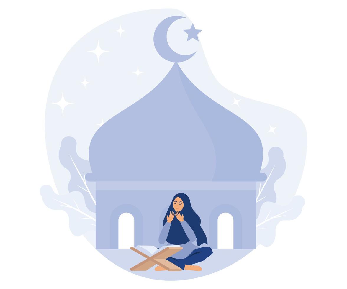 ramadan natt, muslim kvinna läsning al Koranen, platt vektor modern illustration