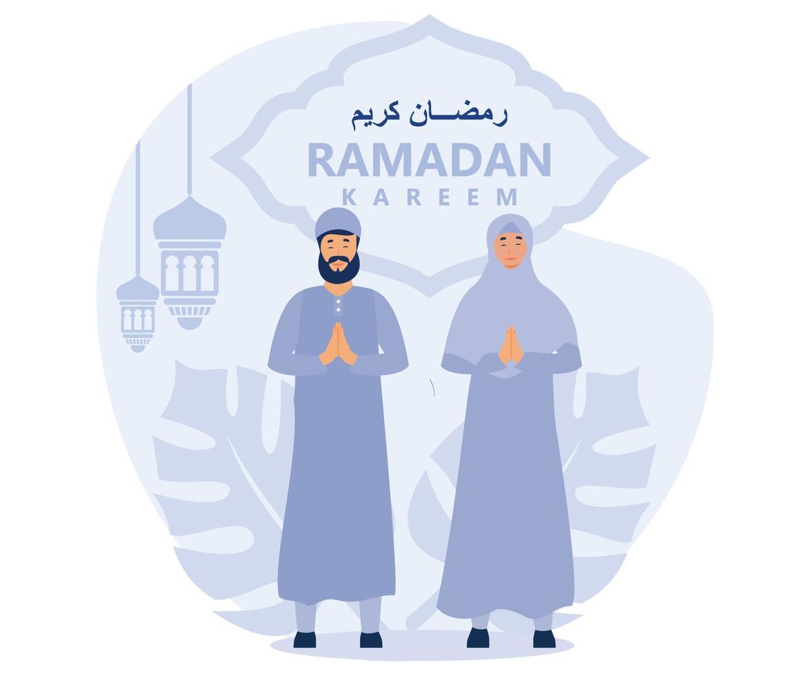 Ramadan kareem Gruß Karte. Muslim halten misbaha tasbih auf islamisch Muster Hintergrund. eben Vektor modern Illustration