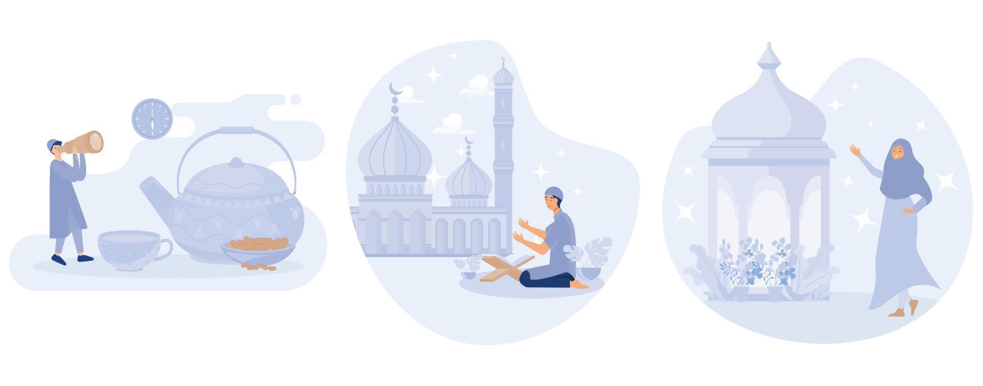 Muslim sind warten zum das Zeit zu iftar von Ramadan, Muslime beten im Moschee, Ramadan kareem Konzept, einstellen eben Vektor modern Illustration