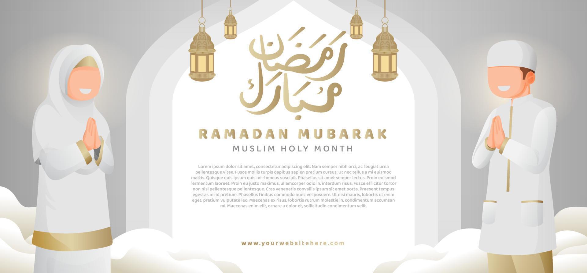 rena vit guld ramadan mubarak kareem med muslim man och kvinna illustration horisontell baner mall vektor