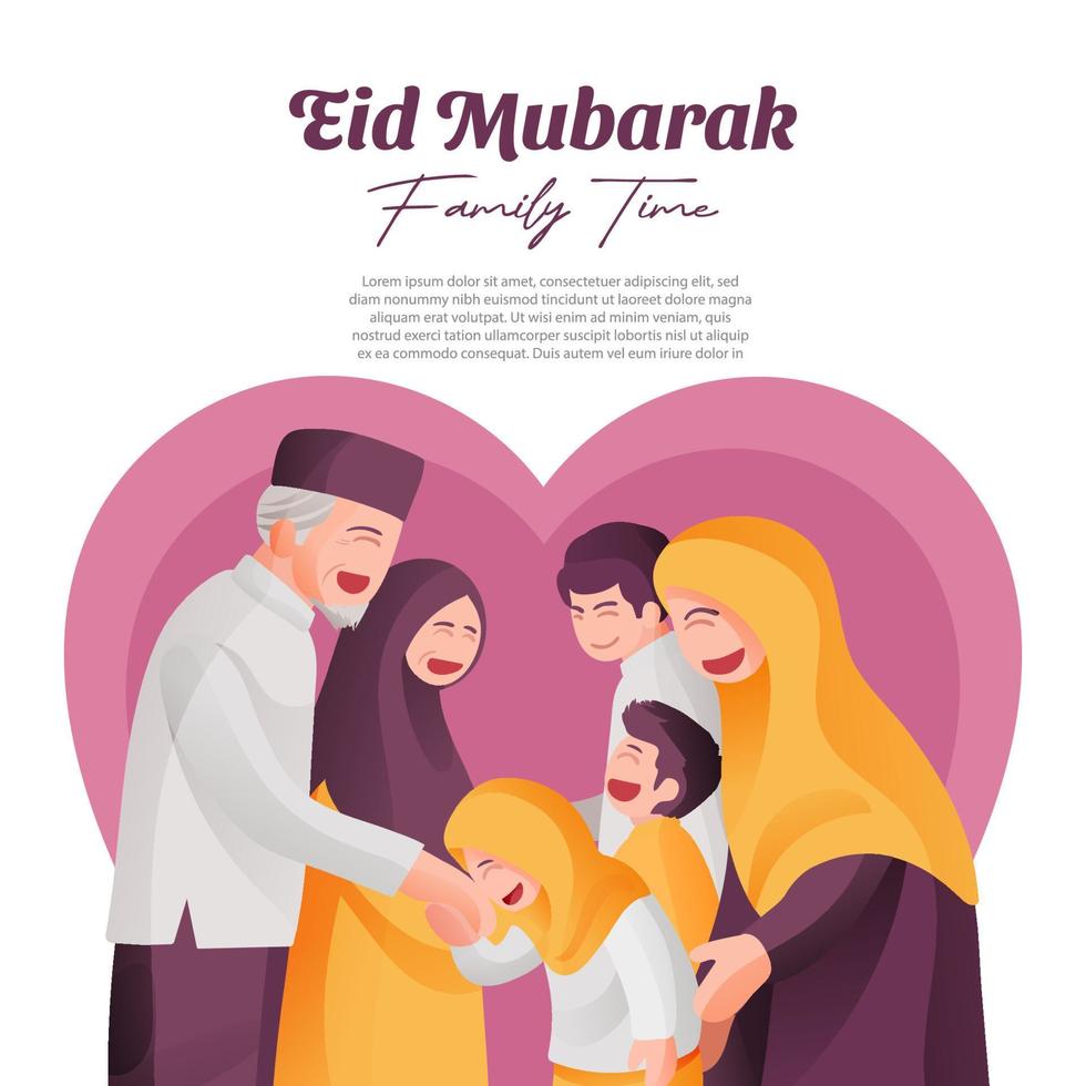 eid mubarak familj sammankomst fyrkant social media posta med muslim äldre föräldrar och barn tillsammans vektor