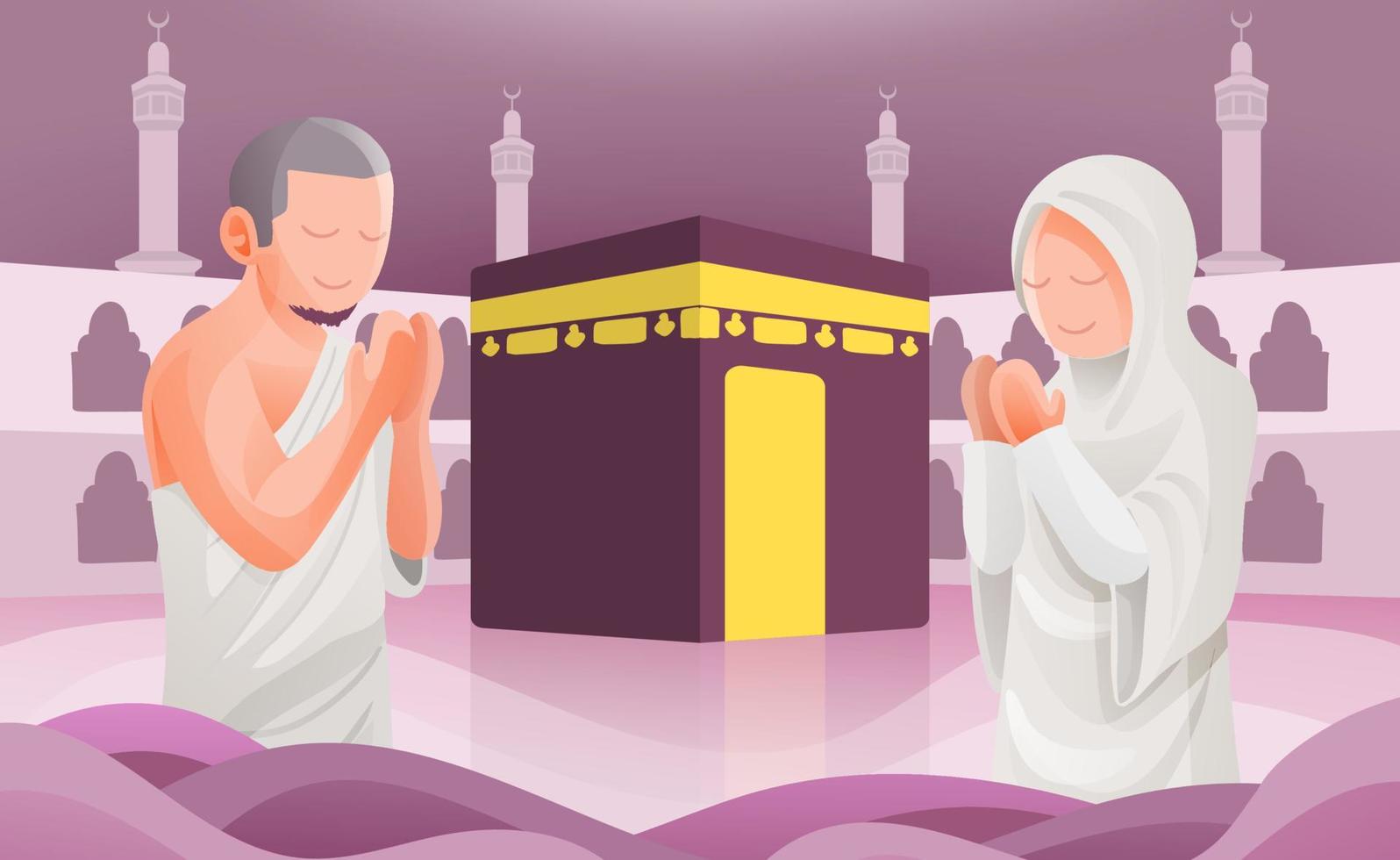 Muslim Paar beten im Vorderseite von Kaaba islamisch hajj oder umrah Pilgerfahrt tragen Weiß ihram Kleider vektor