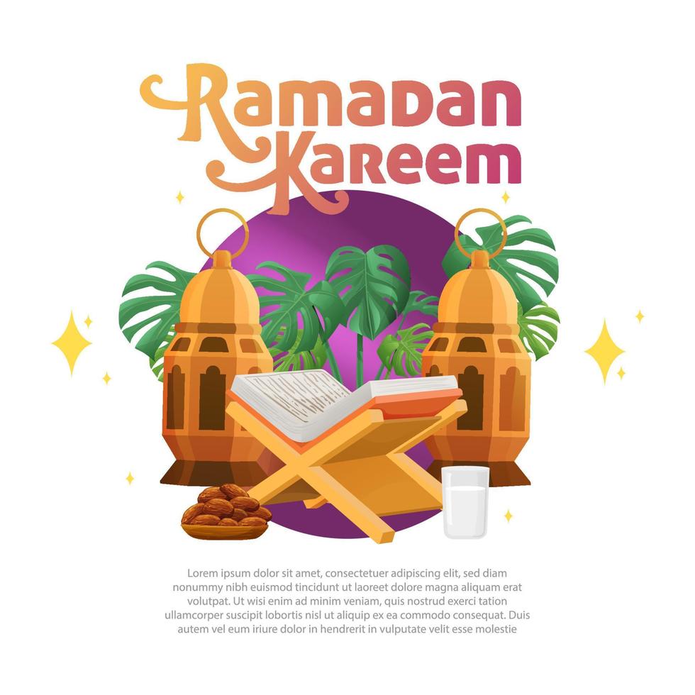 ramadan kareem helig månad av islam hälsning illustration med quran datum och lykta begrepp fyrkant social media baner vektor