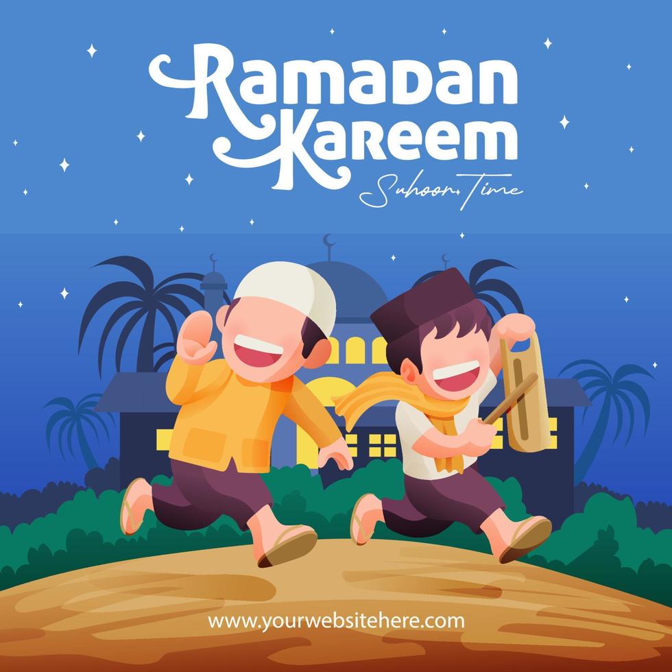 Ramadan kareem Illustration traditionell Junge Berufung Menschen oben zu suhoor Mahlzeit Sozial Medien Post vektor