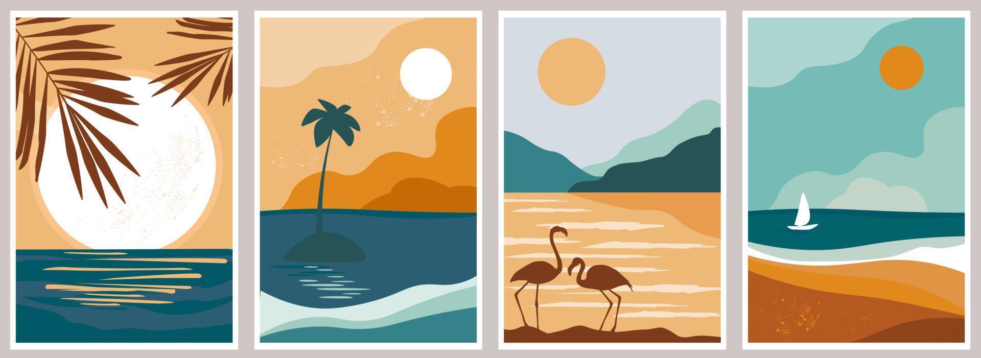 ein einstellen von abstrakt zeitgenössisch Natur Plakate. Meer, Sand mit Palme Bäume, Insel, Silhouetten von Flamingos, Boot mit segeln auf das Hintergrund von Sonne und Wolken. Vektor Grafik.