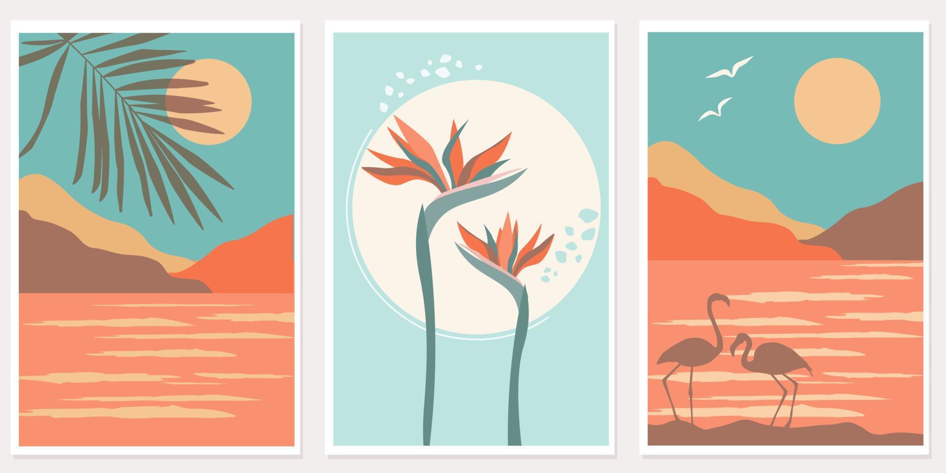 ein einstellen von abstrakt natürlich Plakate mit das Meer, Wolken und das Sonne. Silhouetten von Flamingos, Strelitzia Blumen. tropisch exotisch Stehen Landschaft. Vektor Grafik.