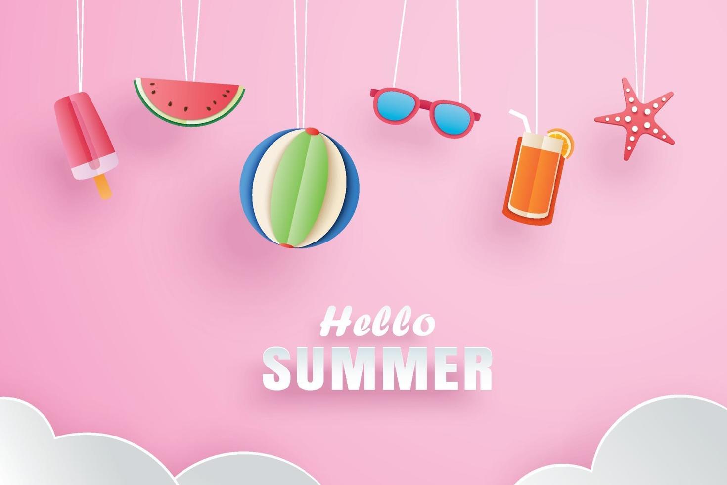 Hallo Sommer mit Dekoration Origami hängen auf rosa Hintergrund vektor