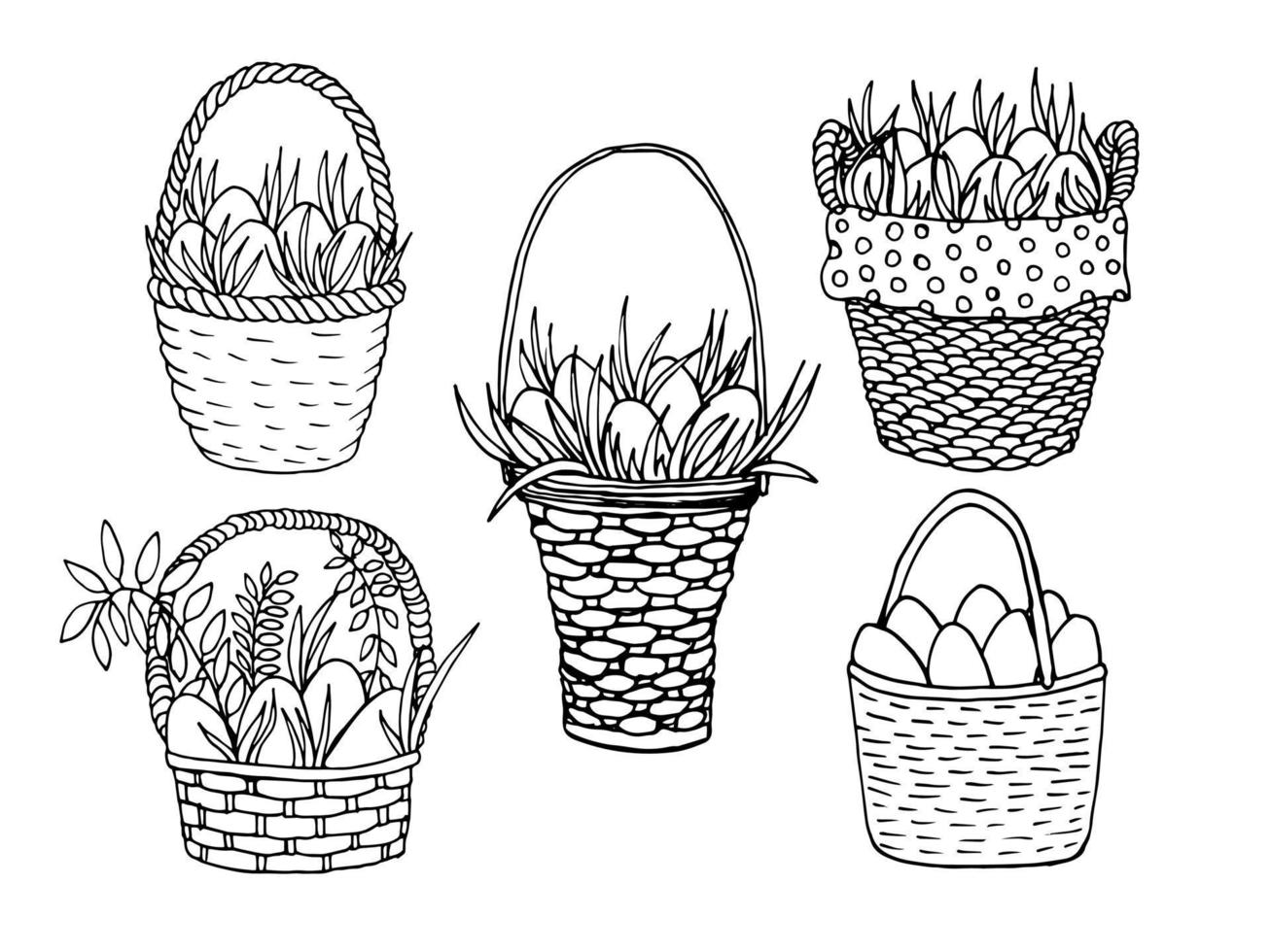 Vektor Ostern Körbe Satz. Korbweide Ostern Körbe mit Eier und Blumen. süß Urlaub Clip Kunst isoliert. Design zum Gruß Karten, Dekoration, Aufkleber, Bücher.