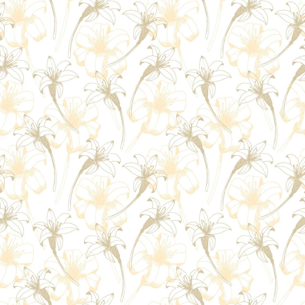 Taglilie Vektor nahtlos Muster. Hand gezeichnet Blumen von Tag Lilie auf Weiß Hintergrund. Design zum Hochzeit Dekor, Tapeten, Vorhänge, Textil, Verpackung Papier. retro Muster.