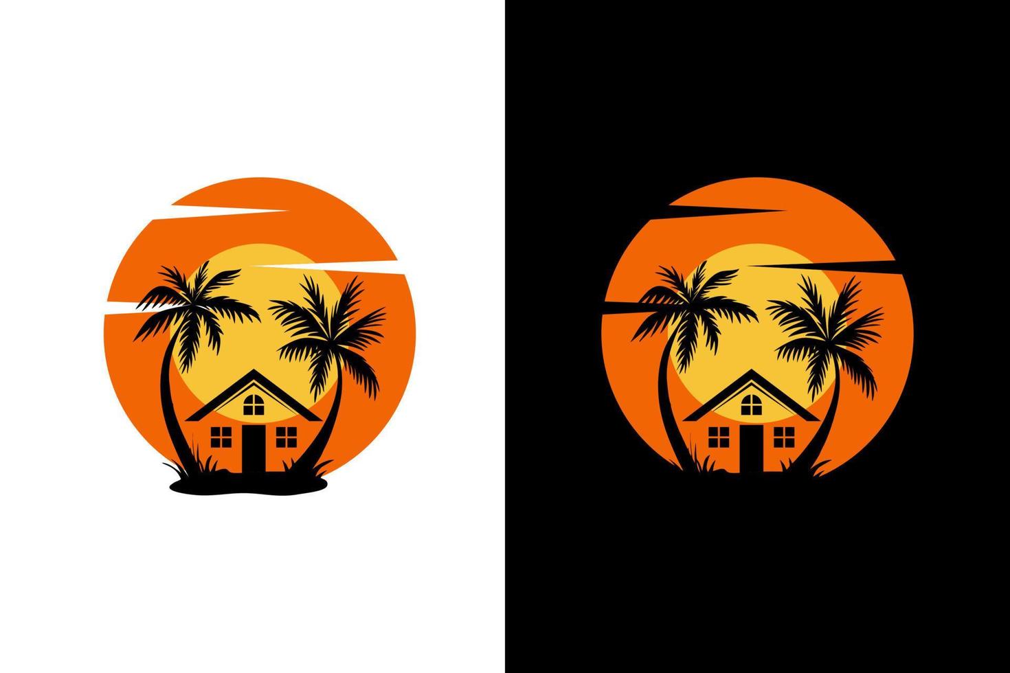 logotyp design handflatan med hus och soluppgång mall element stock vektor