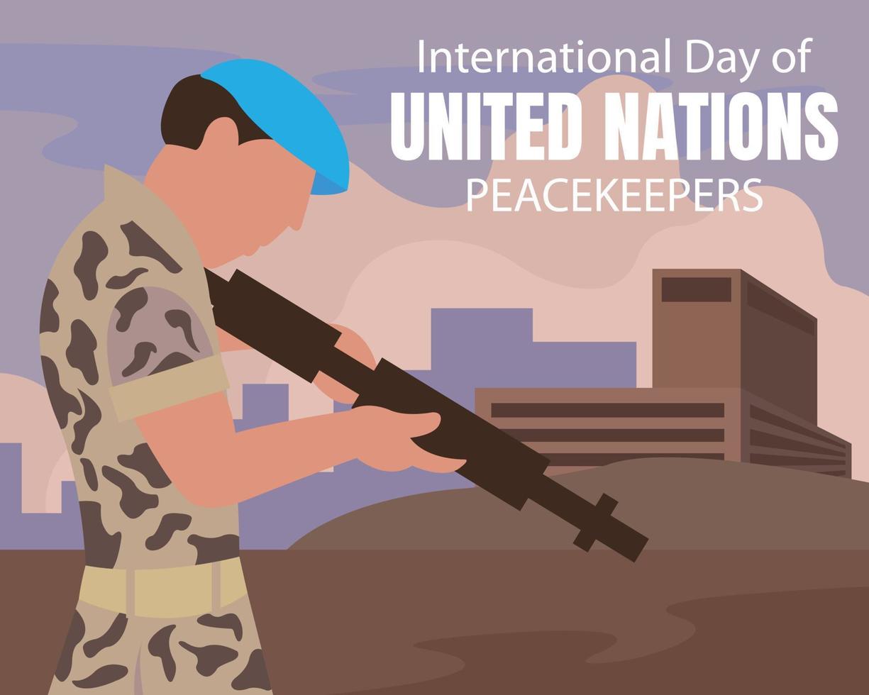illustration vektor grafisk av en soldat checkar en vapen i de mitten av en konflikt, perfekt för internationell dag, förenad nationer fredsbevarare, fira, hälsning kort, etc.