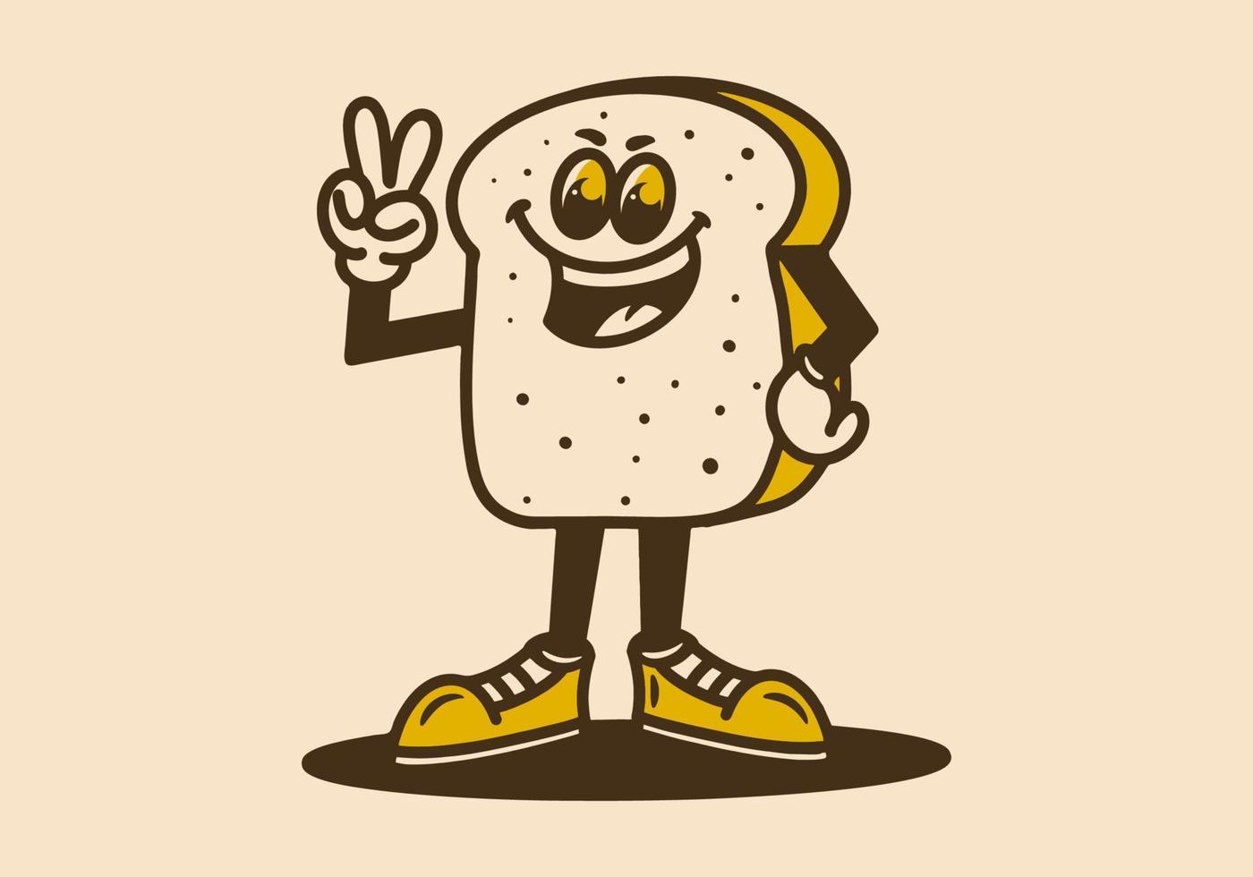 maskot karaktär av en stående vit bröd med händer formning en fred symbol vektor