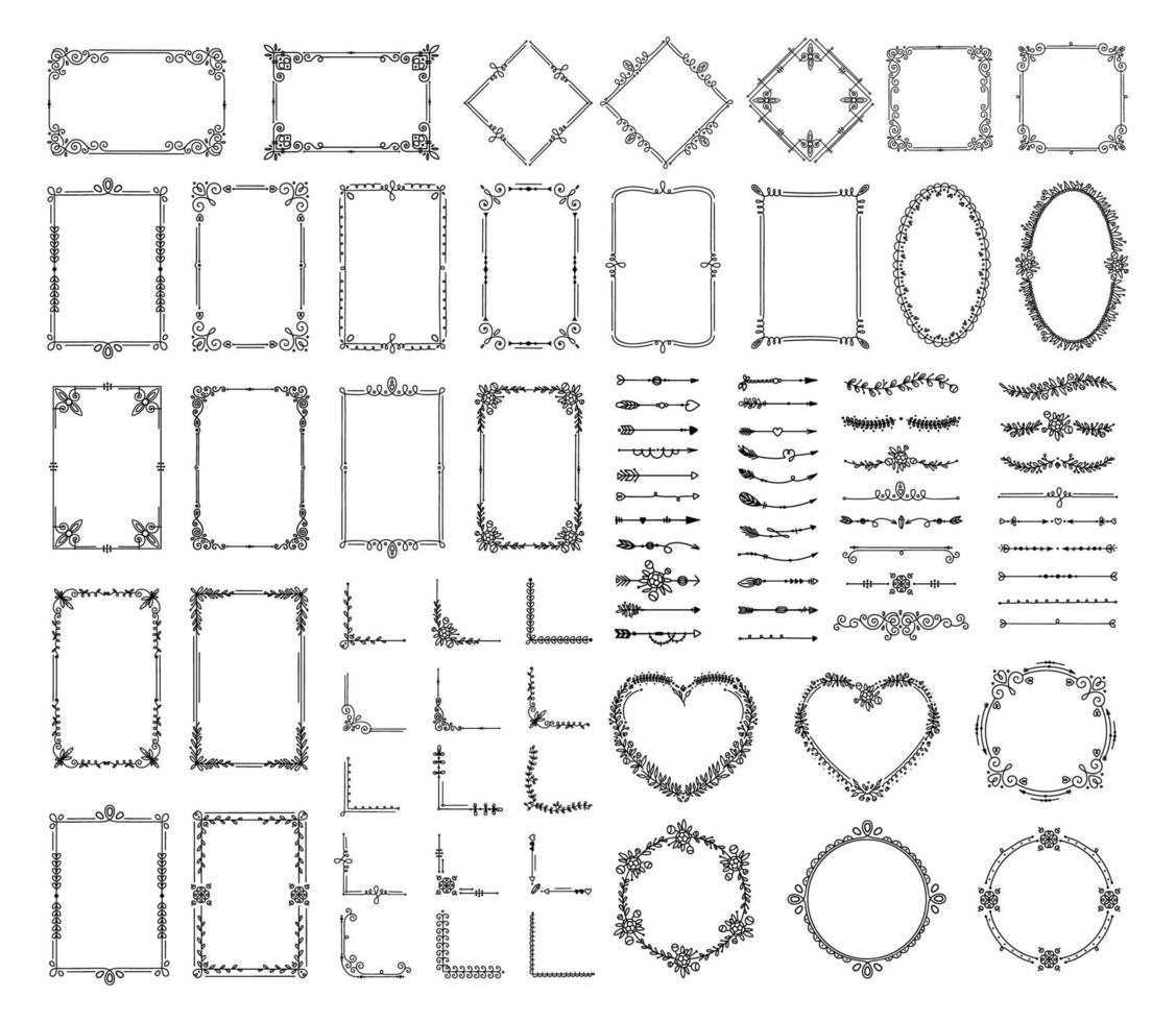 dekorativ element. årgång blommig gränser, ramar, avdelare, hörn, pilar. elegant ram med virvlar, blommor, löv. hand dragen dekoration vektor uppsättning