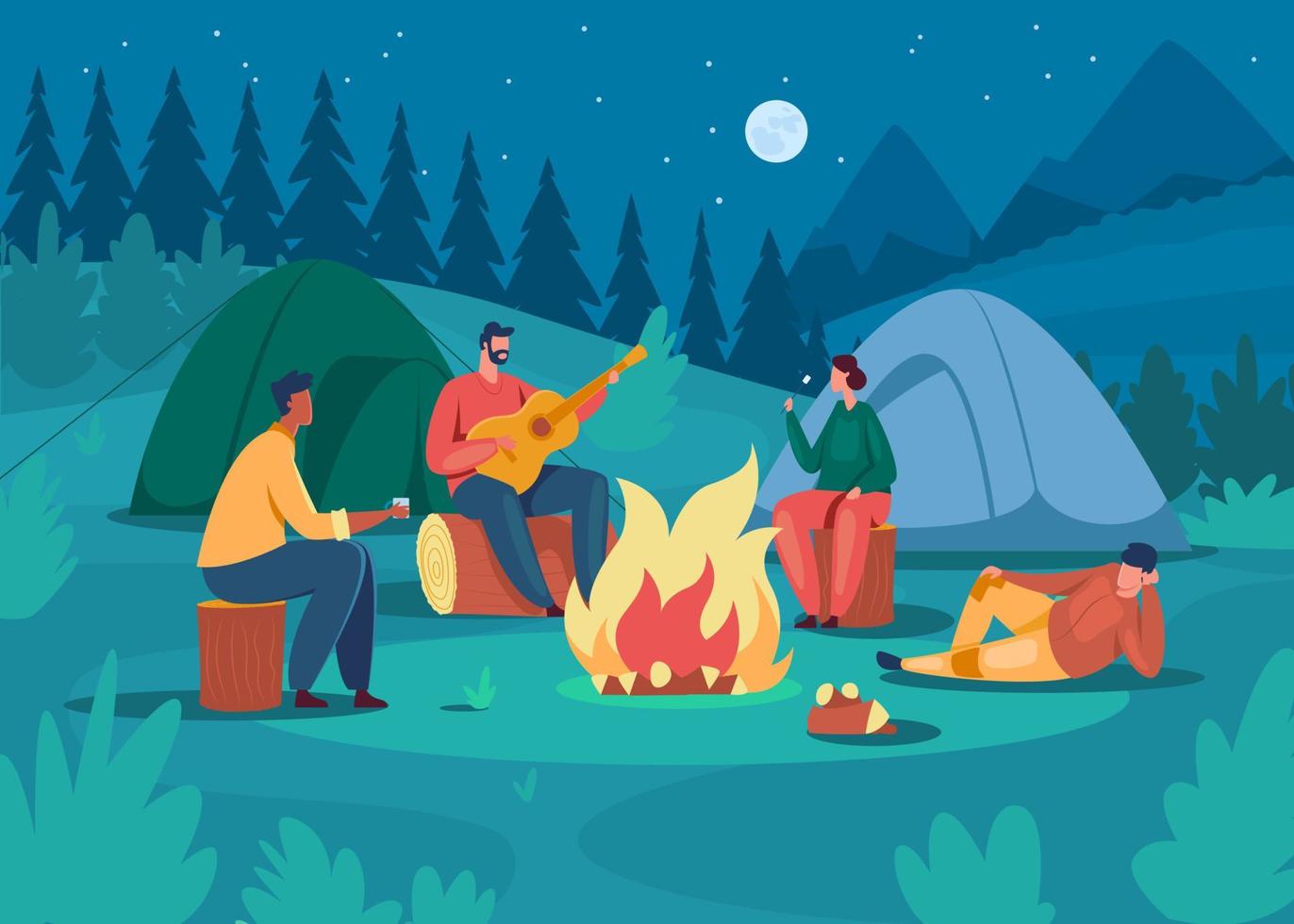 Menschen Camping beim Nacht. freunde Sitzung in der Nähe von Lagerfeuer, spielen Gitarre, Braten Mäusespeck. Tourismus Ferien Urlaub Abenteuer Vektor Illustration