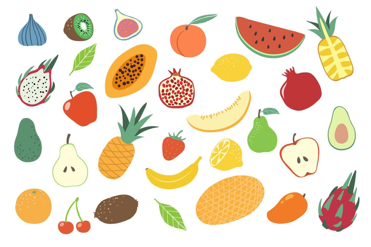 frukter. klotter äpple, orange och päron, citron- och vattenmelon, körsbär och ananas, kiwi. banan, persika och avokado vegan mat, saftig frukt vektor uppsättning