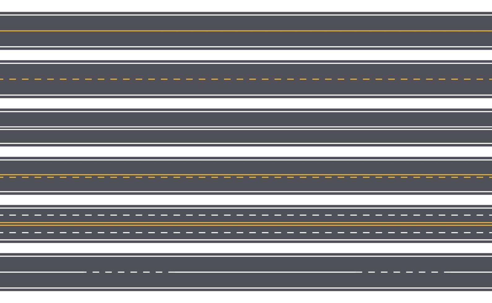 sömlös motorväg. hetero asfalt väg med gul och vit markeringar. horisontell urban stad gata. tömma topp se körbana vektor uppsättning