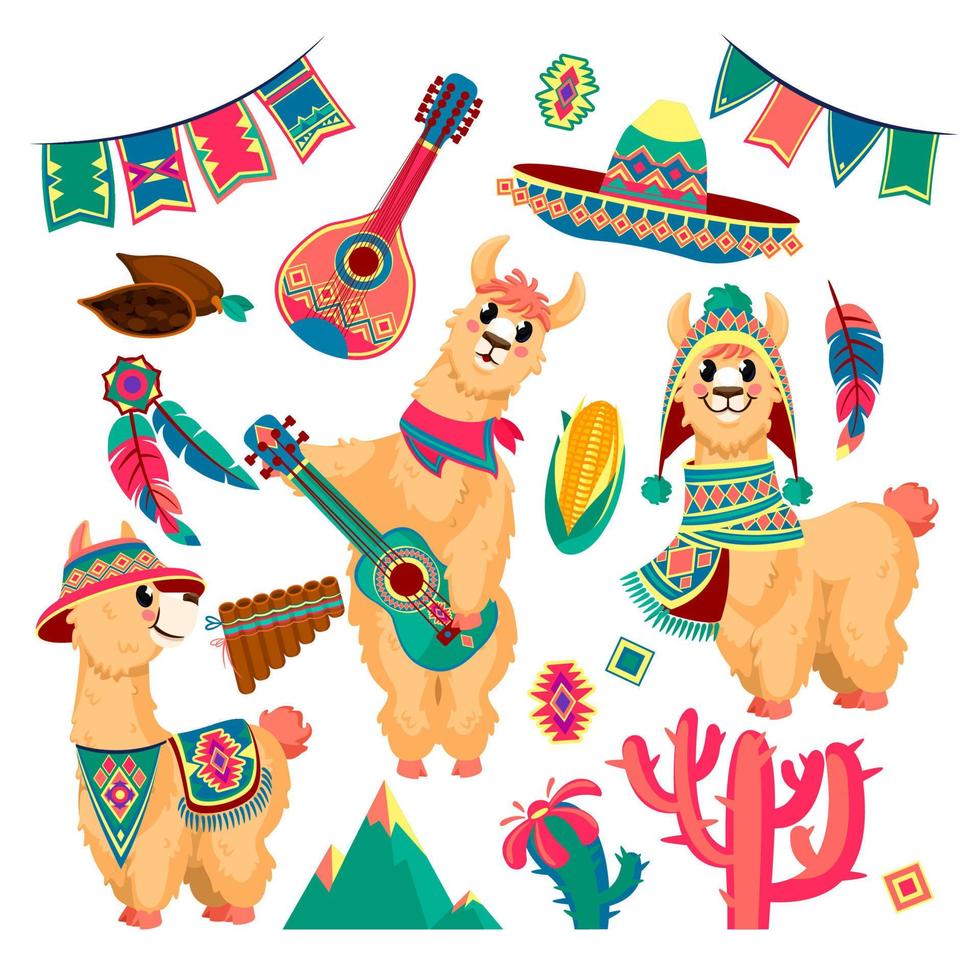 süß Lamas. komisch Alpaka Tier im Mexikaner Kleider mit Gitarre, Berge, Kaktus und festlich Flagge Girlande, Chile traditionell Muster Vektor einstellen
