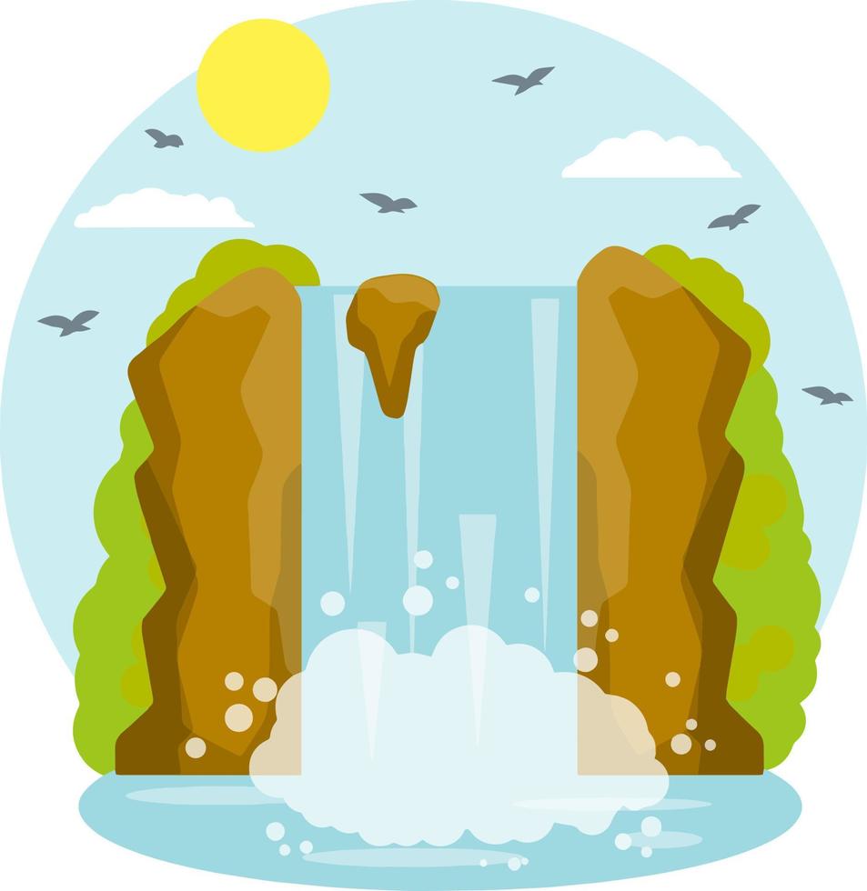 vattenfall på de berg. stenar och vatten. tropisk ö. sommar säsong, sydlig landskap. tecknad serie platt illustration. damm och sjö. vatten falls ner vektor