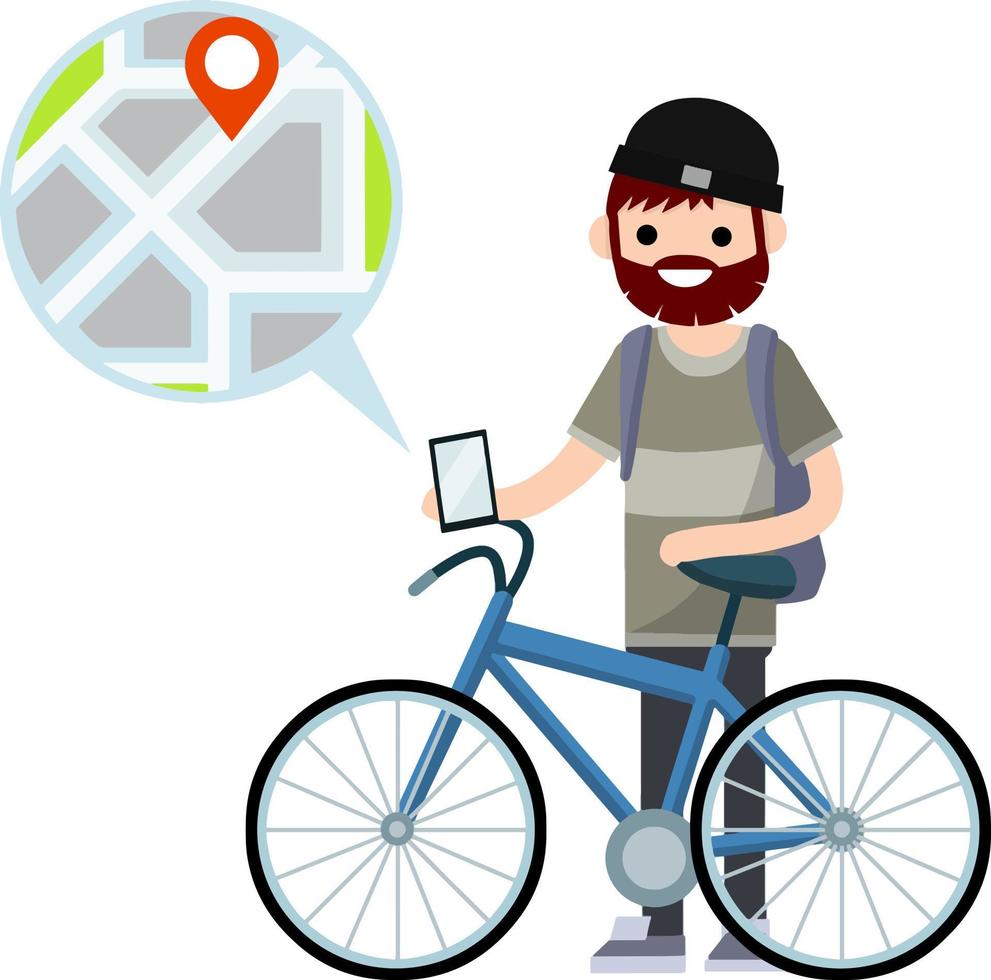 Fahrrad mit Kerl mit Rucksack. gesund Lebensstil. Karikatur eben Illustration. städtisch Transport. Hobby und Sport. Stadt Karte und Navigation. modern Technologie. jung Junge vektor