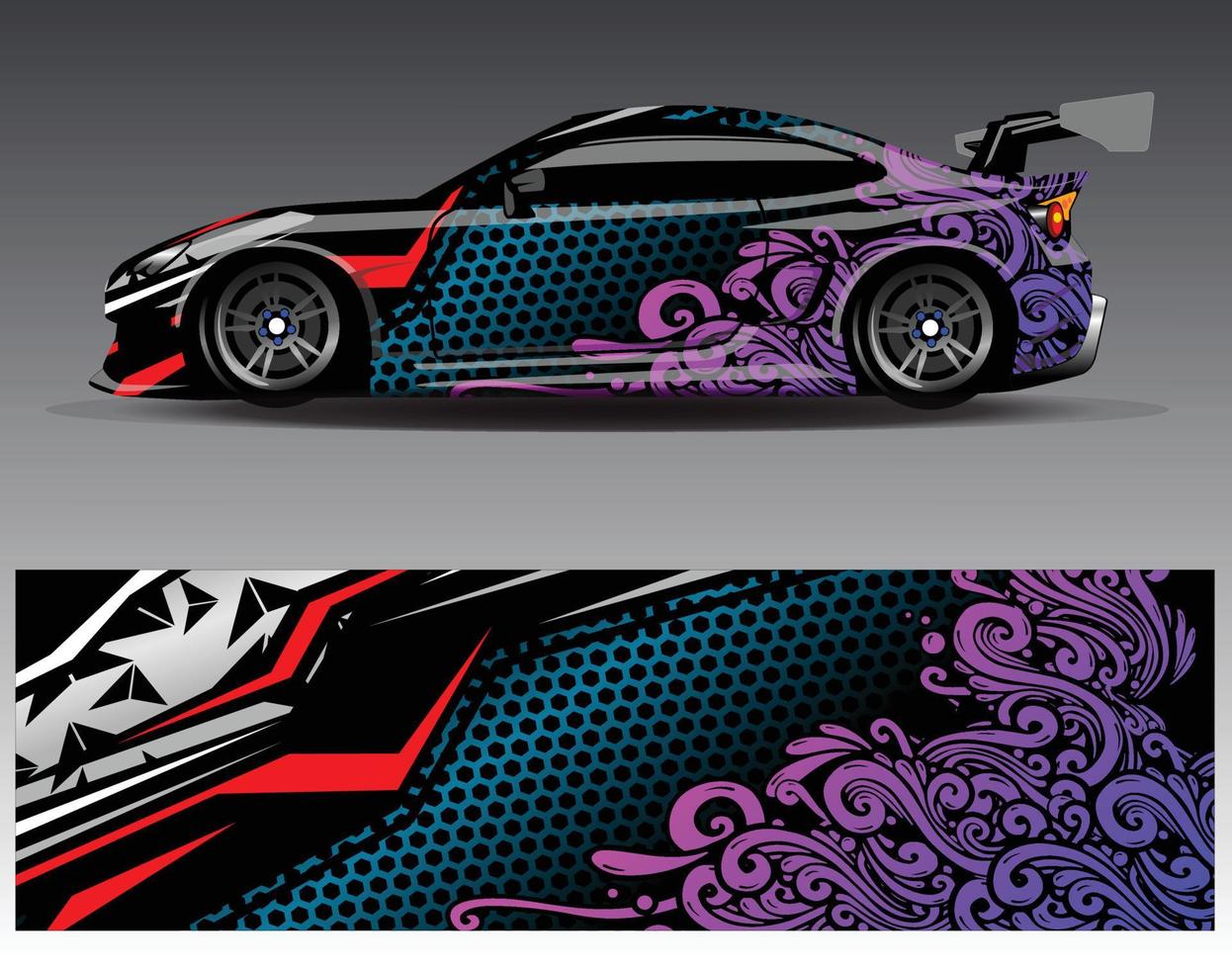 bil wrap design vektor. grafisk abstrakt stripe racing bakgrund kit designs för wrap fordon racer bil rally äventyr och livery vektor