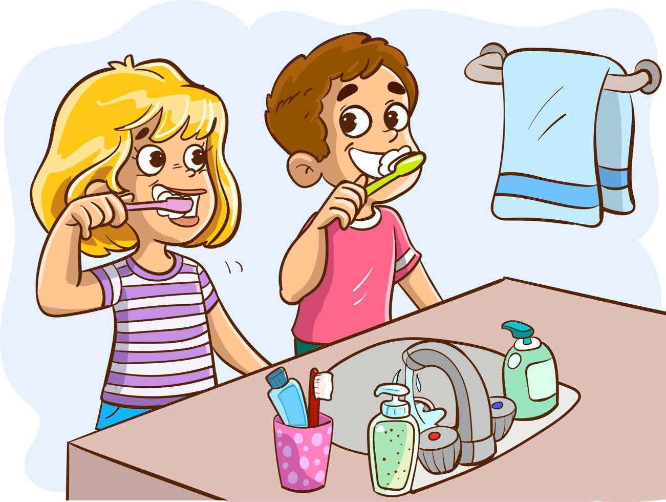 Kind Bürsten seine Zähne Karikatur Vektor