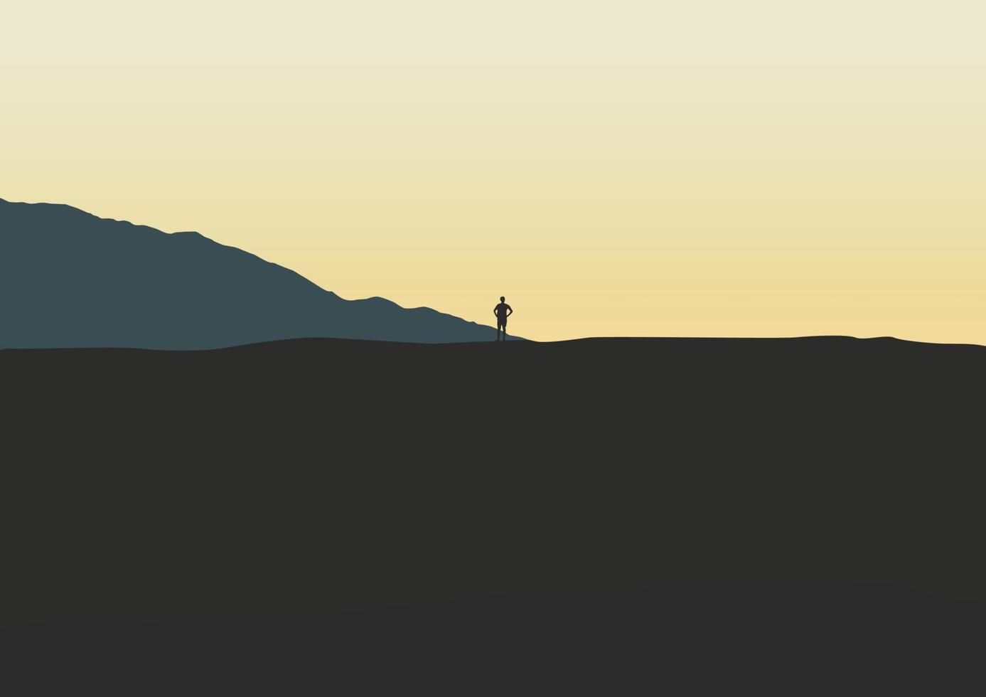 Silhouette von ein Person im das Berge im das Morgen, Vektor Illustration.