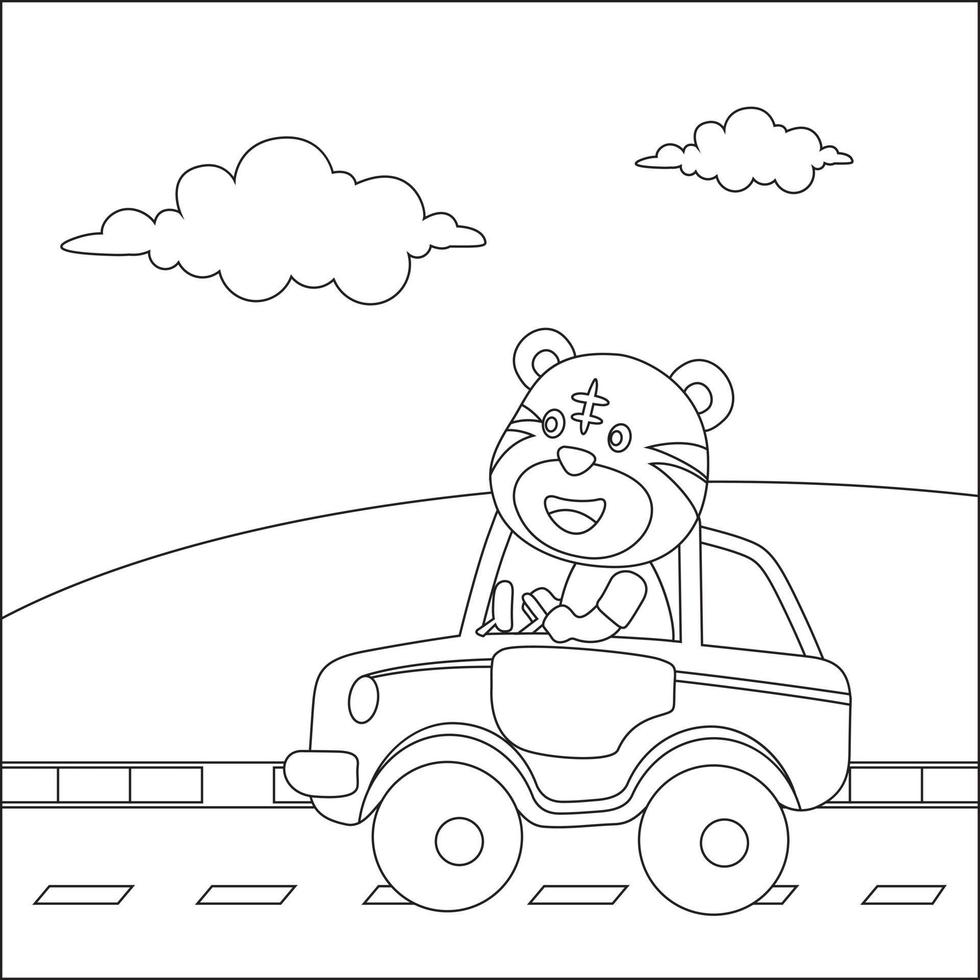 vektor tecknad serie av rolig Björn körning bil i de väg med by landskap. tecknad serie isolerat vektor illustration, kreativ vektor barnslig design för barn aktivitet färg bok eller sida.