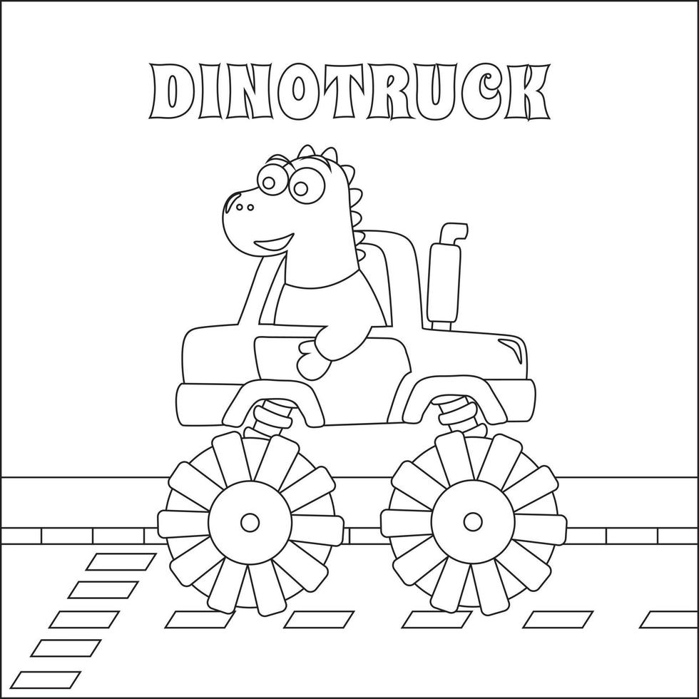 vektor illustration av monster lastbil med söt dinosaurie förare. tecknad serie isolerat vektor illustration, kreativ vektor barnslig design för barn aktivitet färg bok eller sida.