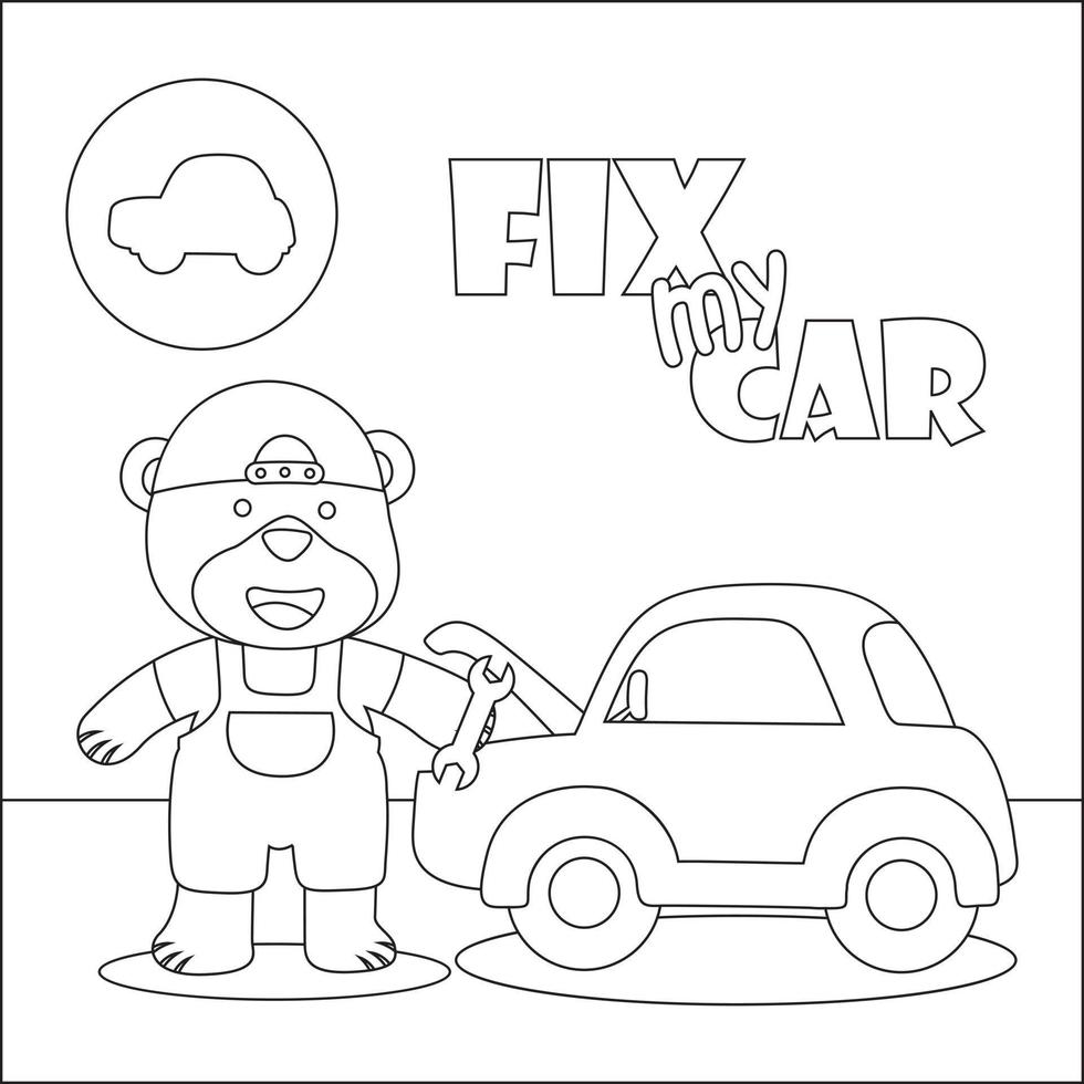 vektor illustration av bil reparera affär tecknad serie med rolig mekaniker. tecknad serie isolerat vektor illustration, kreativ vektor barnslig design för barn aktivitet färg bok eller sida.