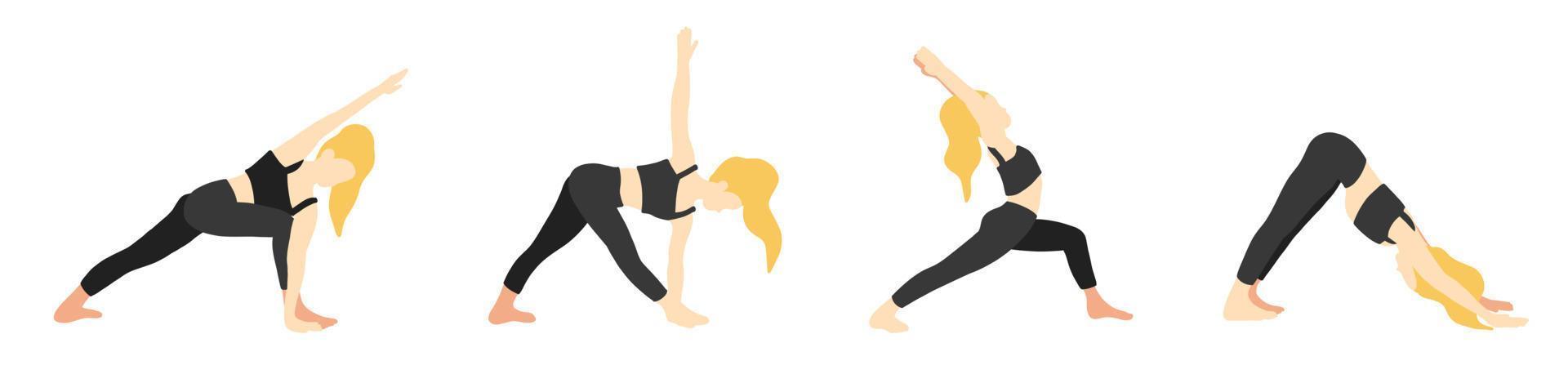 yoga poser samling. blond europeisk kvinna kvinna flicka. vektor illustration i tecknad serie platt stil isolerat på vit bakgrund.