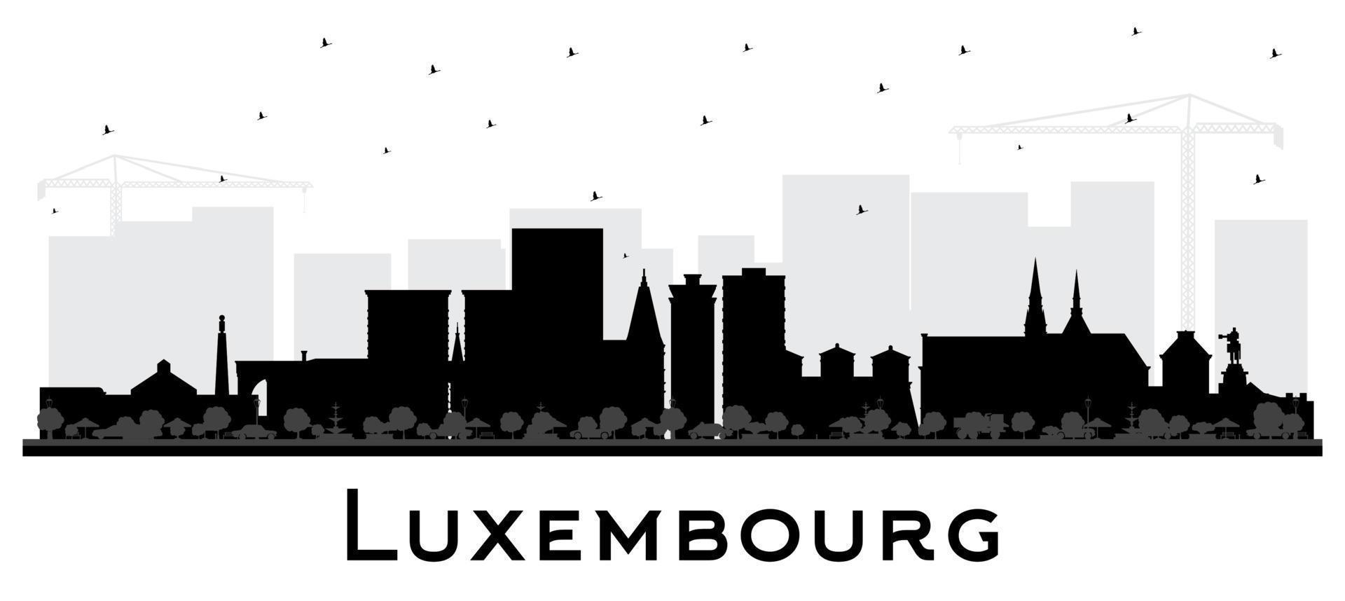 Luxemburg Stadt Horizont Silhouette mit schwarz Gebäude isoliert auf Weiß. Vektor Illustration. Luxemburg Stadtbild mit Sehenswürdigkeiten.