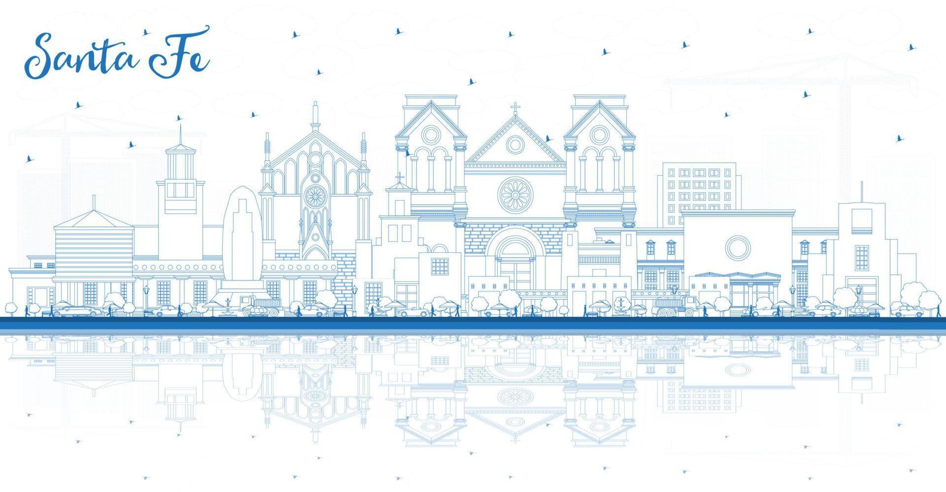 översikt santa fe ny mexico stad horisont med blå byggnader och reflektioner. vektor illustration. santa fe USA stadsbild med landmärken.