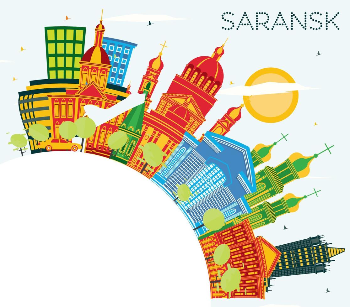 Saransk Russland Stadt Horizont mit Farbe Gebäude, Blau Himmel und Kopieren Raum. Vektor Illustration. Saransk Stadtbild mit Sehenswürdigkeiten.