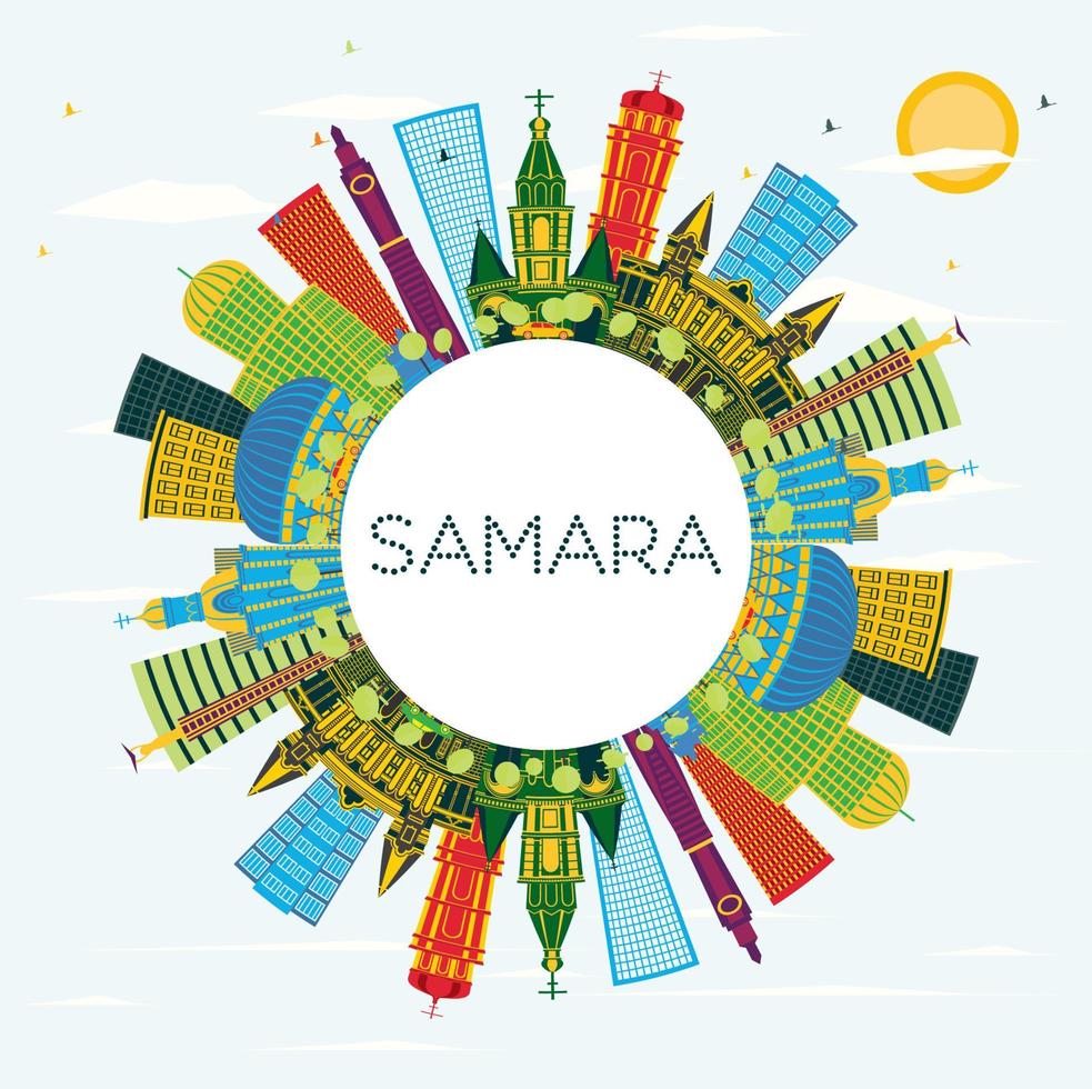 Samara Russland Stadt Horizont mit Farbe Gebäude, Blau Himmel und Kopieren Raum. Vektor Illustration. Samara Stadtbild mit Sehenswürdigkeiten.
