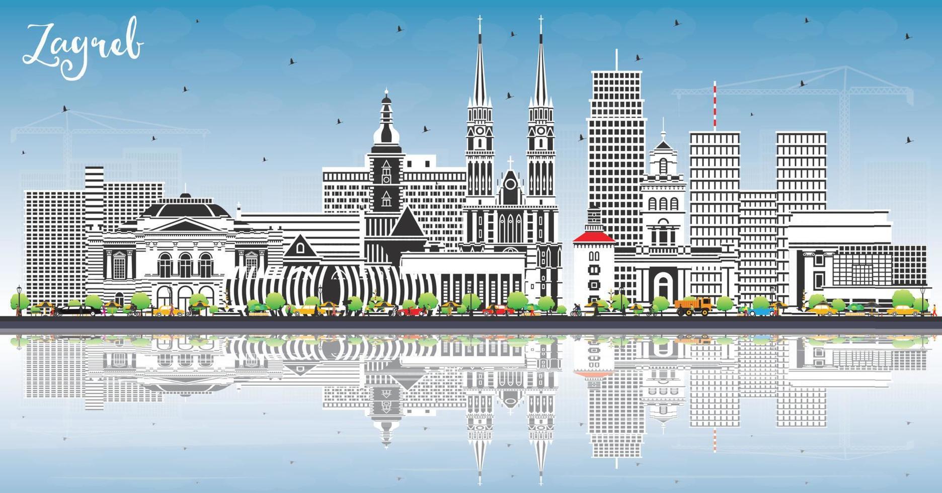 zagreb Kroatien Stadt Horizont mit Farbe Gebäude, Blau Himmel und Reflexionen. Vektor Illustration. zagreb Stadtbild mit Sehenswürdigkeiten.