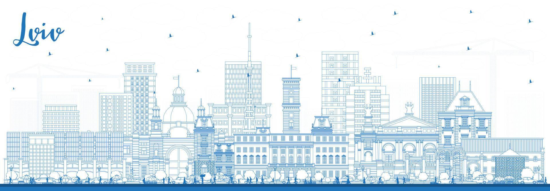 Gliederung lviv Ukraine Stadt Horizont mit Blau Gebäude. Vektor Illustration. lviv Stadtbild mit Sehenswürdigkeiten.