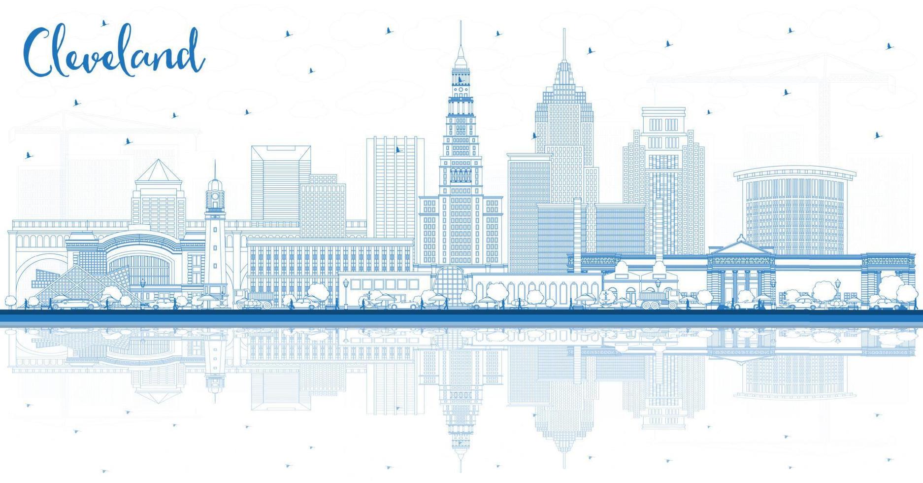 Gliederung Cleveland Ohio Stadt Horizont mit Blau Gebäude und Reflexionen. Vektor Illustration. Cleveland USA Stadtbild mit Sehenswürdigkeiten.