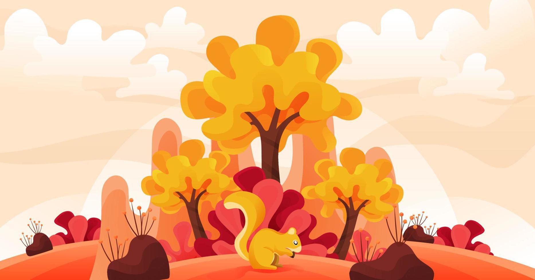 Herbst oder fallen Jahreszeit Landschaft Hintergrund Illustration mit ein Eichhörnchen isst Nussbaum Konzept vektor