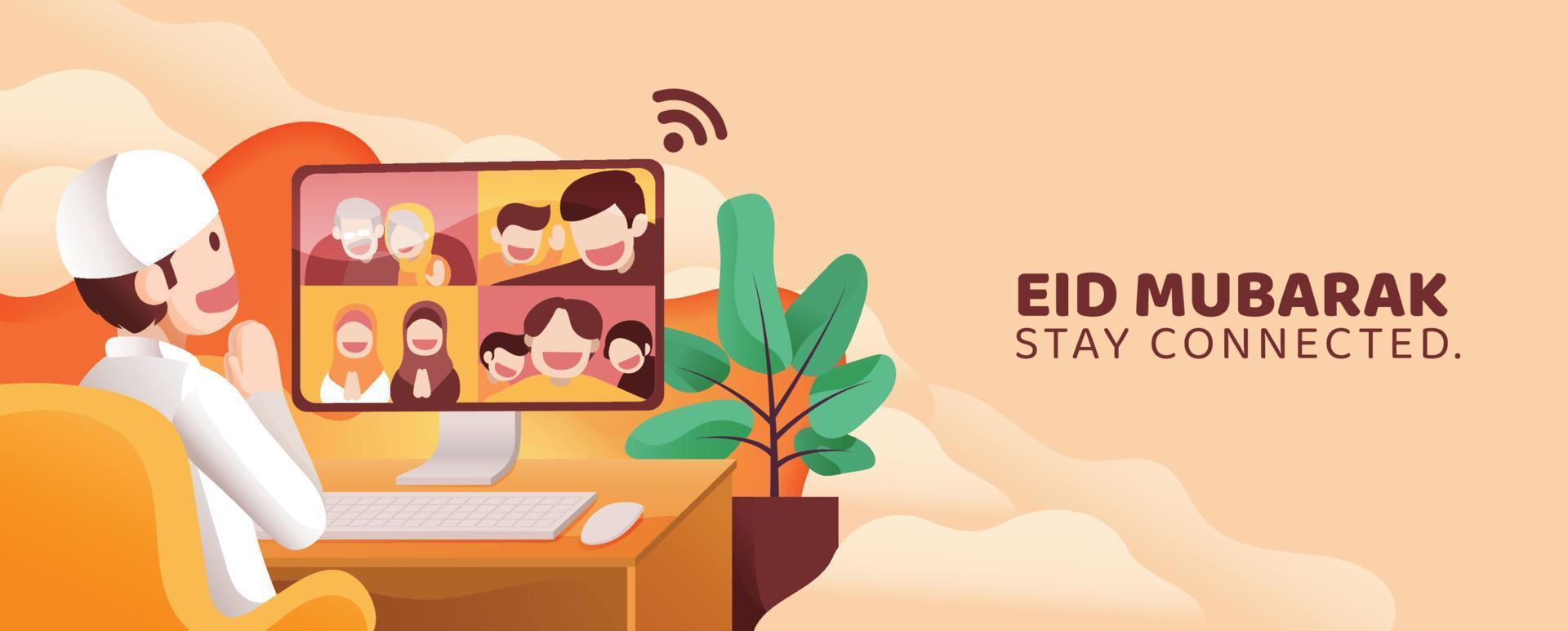 man telefonkonferens ring upp med hans familj och vänner i eid mubarak al fitr från Hem i främre av pc övervaka full av lycka. stanna kvar ansluten under covid-19 karantän. vektor