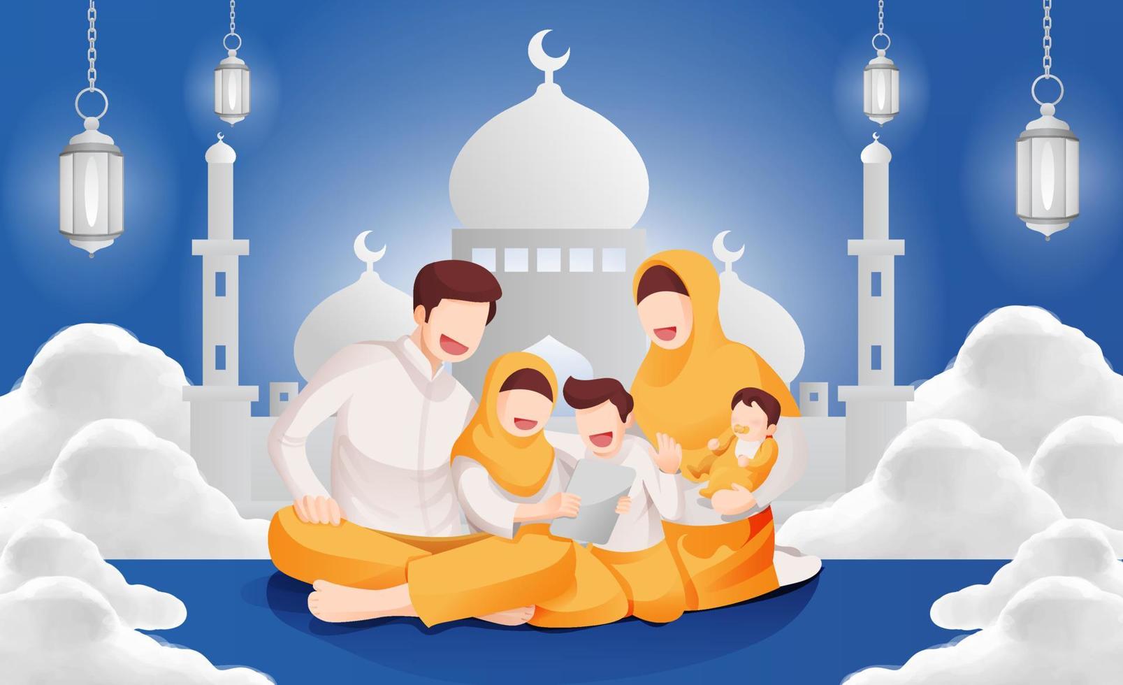 eid mubarak muslim firande familj tillsammans i de hus illustration 3 vektor