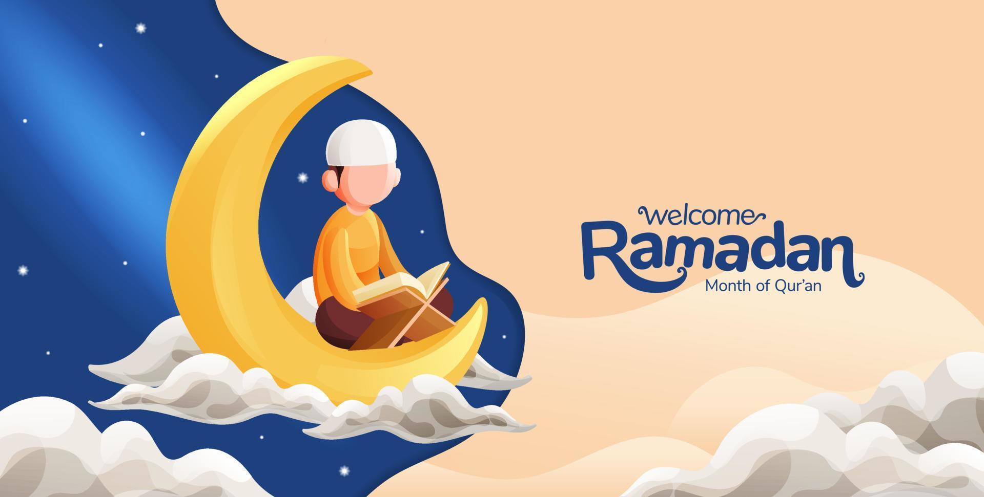 Ramadan kreativ Illustration mit Mann lesen Koran Halbmond Mond und Sterne über das Wolken vektor