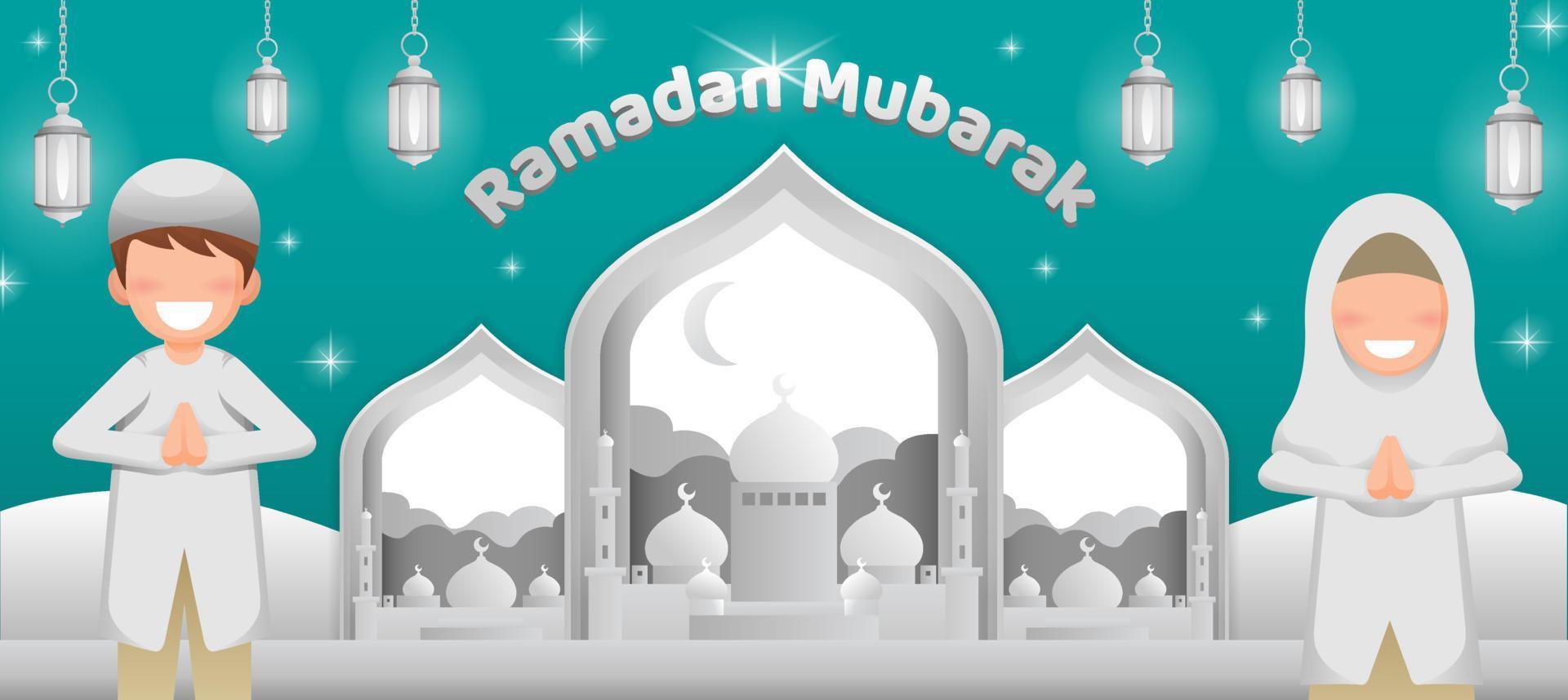 Ramadan Banner Vorlage mit Junge und Mädchen im Weiß Lächeln im Vorderseite von Moschee und Laterne Illustration vektor