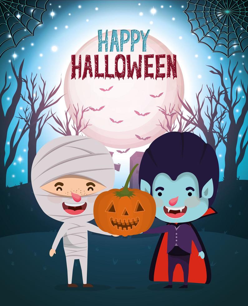 halloween-kort med barn i dräkter för trick or treat vektor