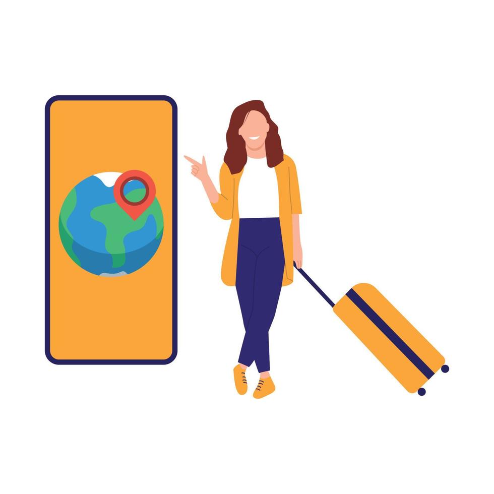 Vektor Illustration lächelnd einfach Frau im Gelb Jacke halten Gepäck Tasche wollen zu Reise um das Welt zeigen beim Karte auf Handy, Mobiltelefon Telefon