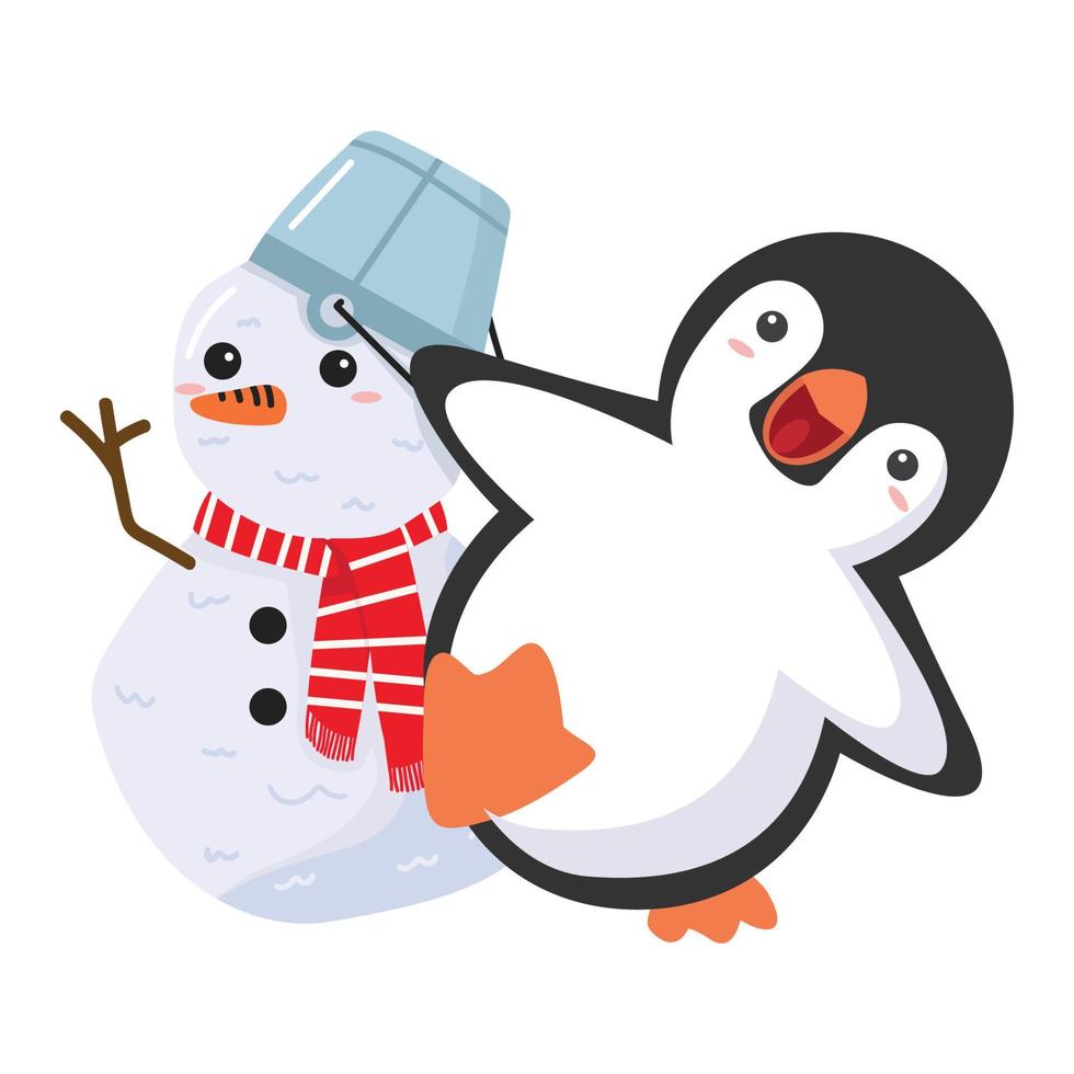 söt pingvin med snögubbe tecknad serie platt vektor
