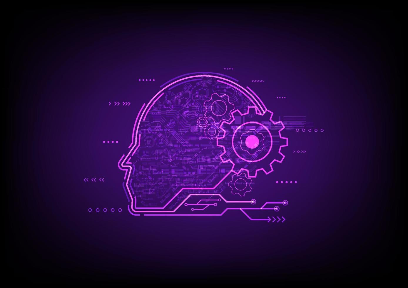 abstrakt Hintergrund Zukunft Technologie künstlich Intelligenz Roboter Lernen Phantasie es hat ein hell Gesicht und Zahnräder. Hi-Tech Muster Innerhalb Elemente und Schaltungen auf ein hell lila Hintergrund vektor