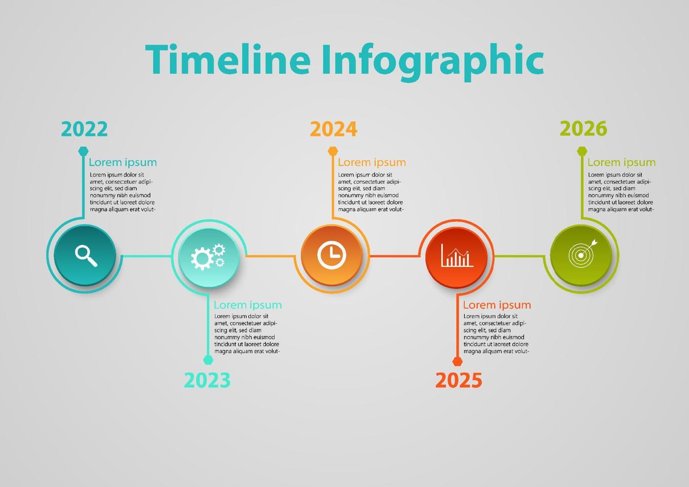 Infografik Zeitleiste 5 Jahre multi farbig Kreise mit gebogen endet mit Sechsecke und Symbole zum Geschäft Planung, Marketing, Wachstum auf grau Hintergrund vektor