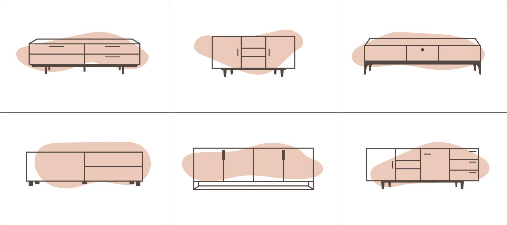 sechs Möbel Gliederung Symbole. Möbel im eben Stil. Vektor Illustration.