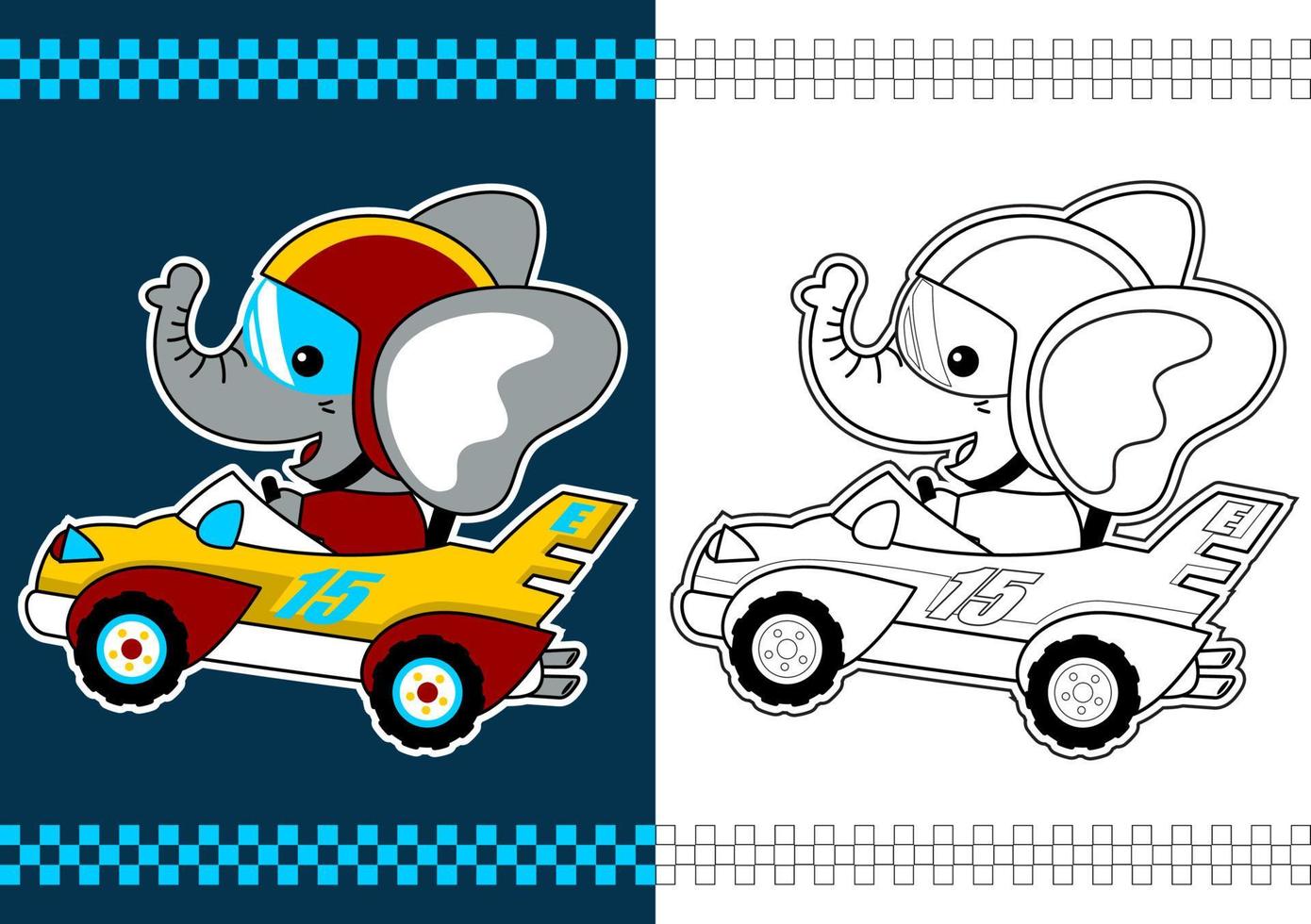 söt elefant på tävlings bil, vektor tecknad serie. färg sida eller bok